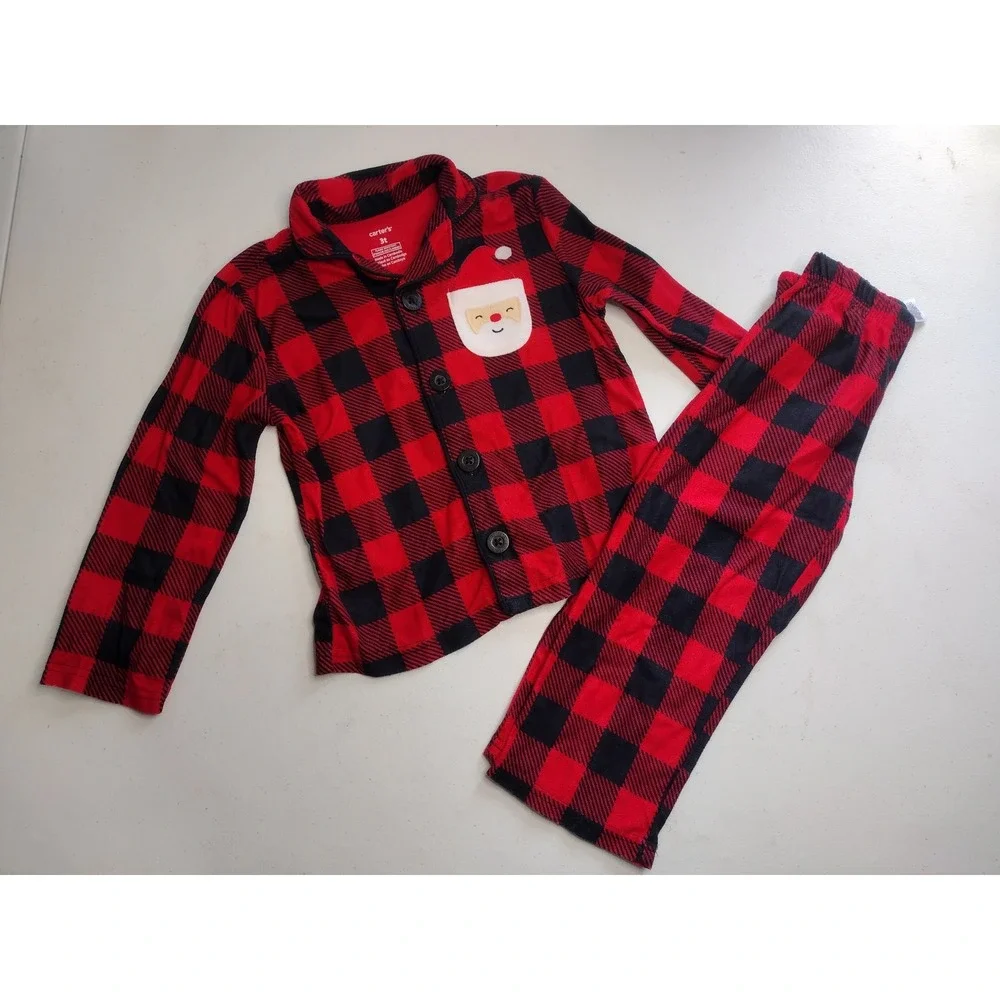 Carters Toddler 3T Red Black Buffalo‎ Plaid Santa Fleece Pajama Set 2pc Holiday